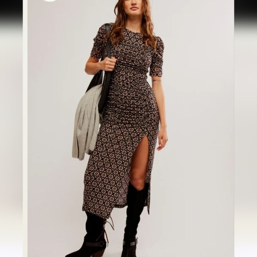 Free People Briella Black Combo Mesh Ruched Boho Chic Midi Dress sz M
